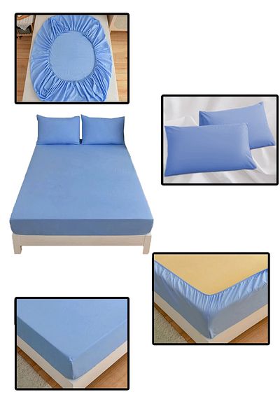 NUTEX 100% Cotton Elastic Single / Double Eco-Friendly Sheet & Pillowcase Set (BLUE)