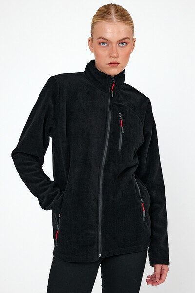 MAXIMILLIAN Fleece pentru damă, culoare neagră, cu 3 buzunare, cu fermoar, guler bato