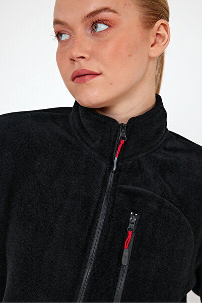 MAXIMILLIAN Fleece pentru damă, culoare neagră, cu 3 buzunare, cu fermoar, guler bato