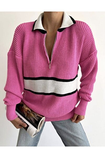 Melos Butik Pulover roz pentru femei cu fermoar