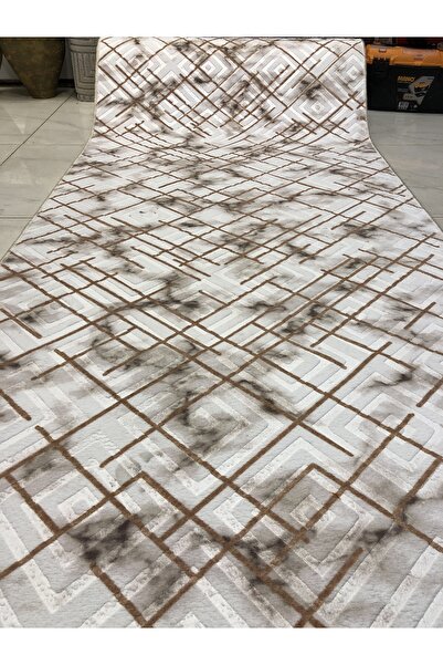 Sarar Kabartmalı Halı Dokusunda Jel Kaymaz Taban Yıkanabilir Yumuşak Kesme Yolluk Üst Kalite Kahve Çizgili