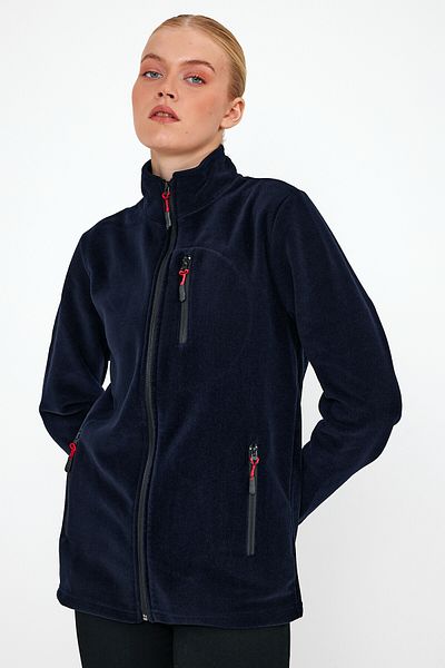 MAXIMILLIAN Women's Fleece Navy Blue Color 3 Pocket Zippered Bato Collar Outdoor Fleece