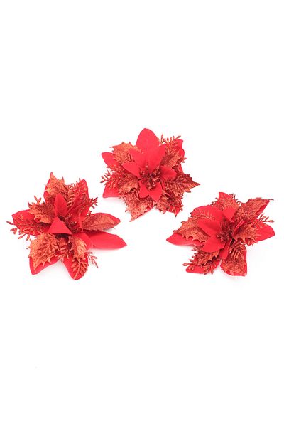 Lora Wedding 14cm 3 Shiny Looking Red Christmas Flowers Covered with Glitter
