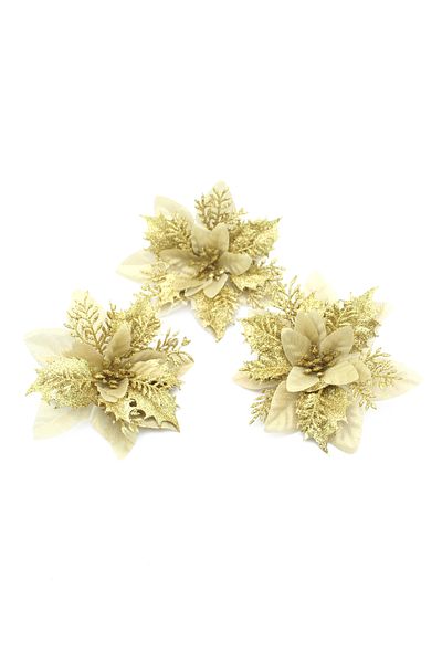 Lora Wedding Χριστουγεννιάτικο λουλούδι 14cm 3 τεμαχίων χρυσό χρώμα επικαλυμμένο με γυαλιστερή εμφάνιση και σμίλες