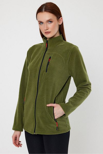 MAXIMILLIAN Women's Fleece Khaki Color 3 Pocket Zippered Bato Collar Outdoor Fleece