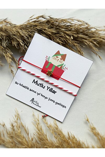 Atölye Merdiven Kedili Yeniyıl Yılbaşı Doğum Günü Şans Bilekliği Kartı