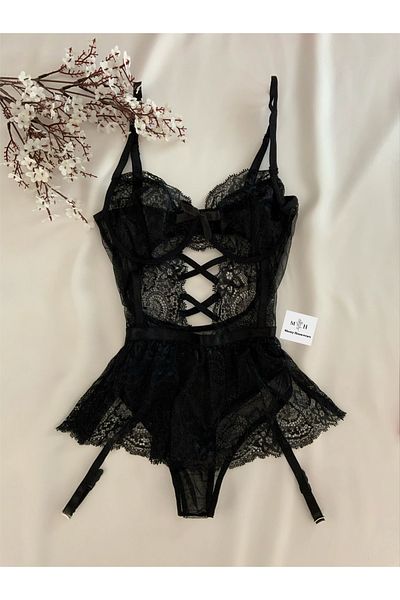 MH Moony Homewears Μαύρο Σετ Ολόσωμη φόρμα και ζώνη Primu