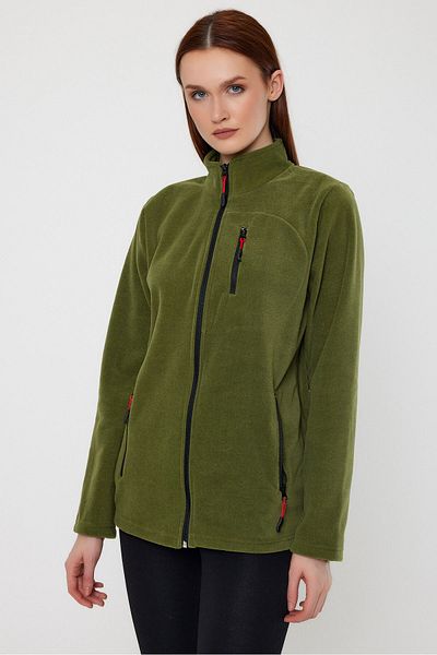 MAXIMILLIAN Women's Fleece Khaki Color 3 Pocket Zippered Bato Collar Outdoor Fleece