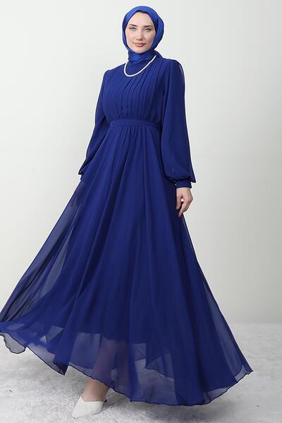 Giza Giyim Pleated Chiffon Dress with Elastic Waist Night Blue