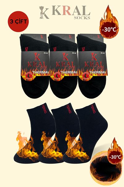 KRAL SOCKS Șosete de iarnă pentru bărbați cu prosop și papuci - fără sudură (3 perechi) negru