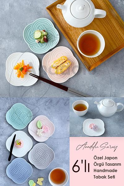 Anadolu Saray 6-Piece Colorful Japanese Knitted Design - Handmade Cake Plate Set, 6 Pcs Dessert Breakfast