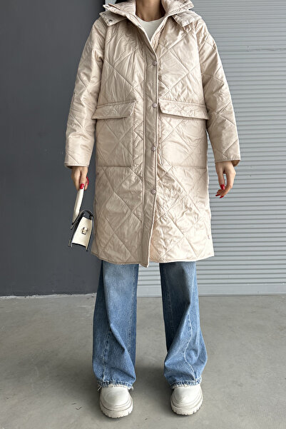 Ortaya Çık Beige Hooded Quilted Coat