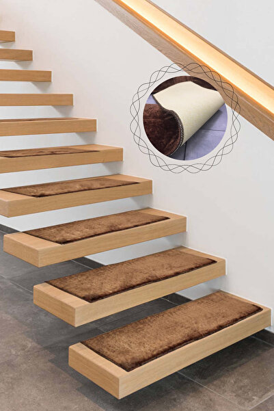 Bonny Home Comfort Kahve (5 Adet) Merdiven Halısı Pufidik Peluş Kaymaz Deri T...