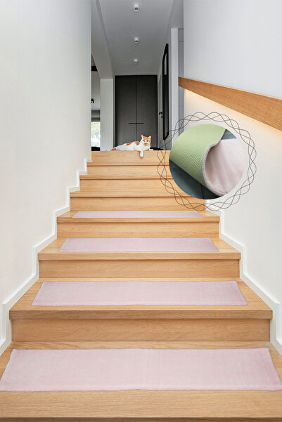 Bonny Home Comfort Pudra (5 Adet) Merdiven Halısı Pufidik Peluş Kaymaz Deri T...
