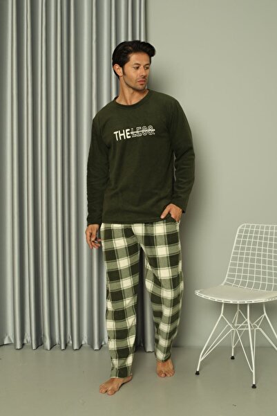 shopshop Erkek Kışlık Sıcak Tutan Ekoseli Nakış Işlemeli Polar Pijama Takımı