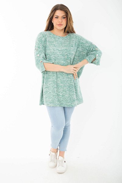 Şans Women's Large Size Green Sleeves Ornamental Metal Buttoned Crushed Thick Tunic 65N37403