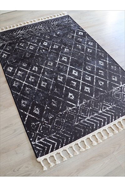 Just Arte Dekoratif Kaymaz Taban Kilim Makinada Yıkanabilir Siyah Mutfak Halı...