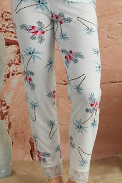 Mihra 90424-5 Floral Patterned Short Sleeve Shirt Lace Leg White Women's Pajamas Set