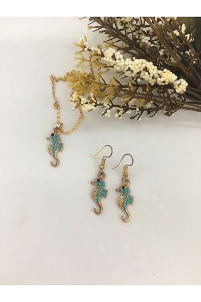 BalıkHediyelik TURQUOISE (firuze) STONE NECKLACE EARRING SET OUR MODELS-1001
