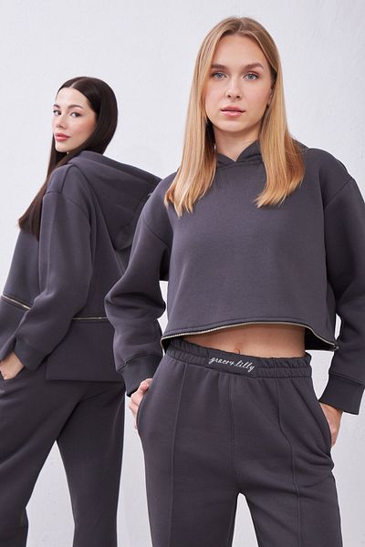 Grace&Lilly Atelier Claire Gray Oversize Cotton Hooded Crop Sweatshirt and Sweatpants Set
