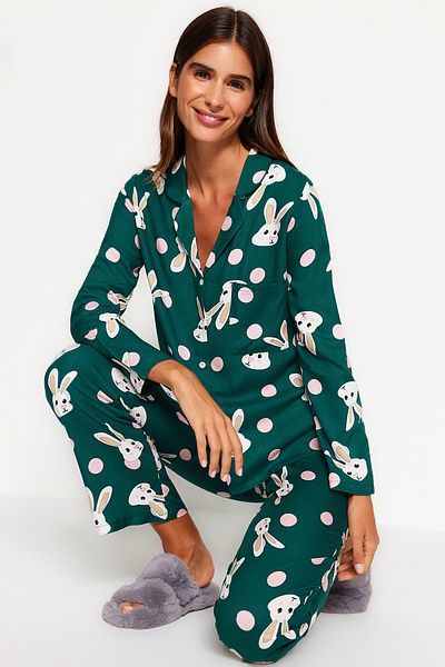 Trendyol Collection Sada smaragdově zeleného králíka s viskózovým tkaným pyžamem Thmaw21Pt0048