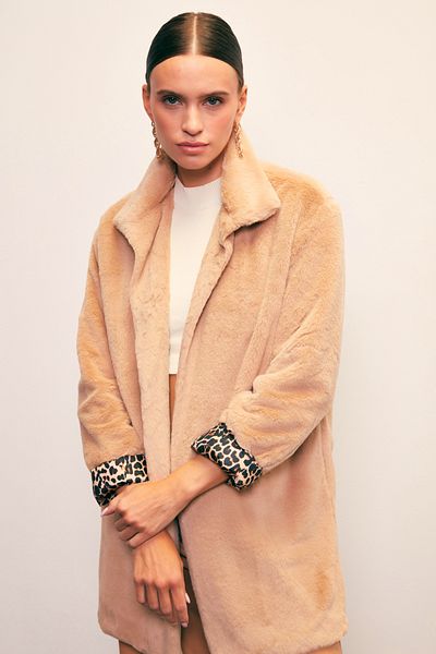 Sateen Leopard Lined Plush Coat - Mink