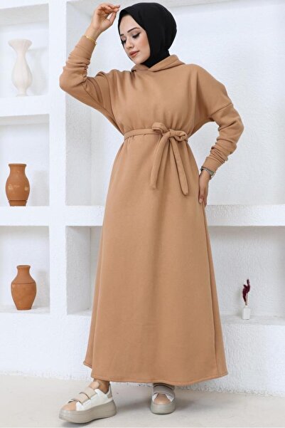 benguen 5651 Φόρεμα με κουκούλα με τρεις κλωστές Camel