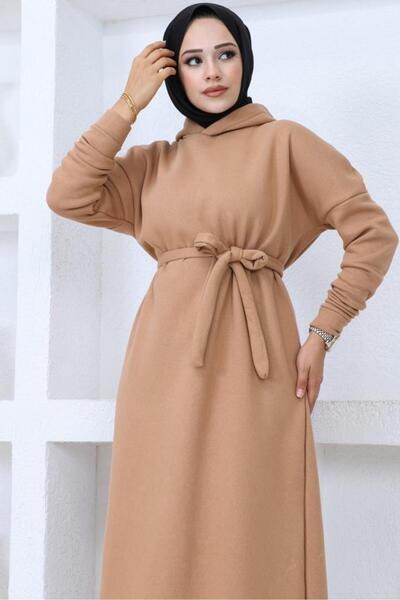 benguen 5651 Φόρεμα με κουκούλα με τρεις κλωστές Camel