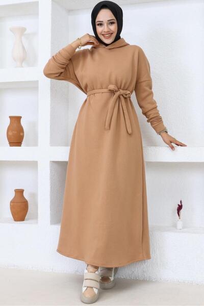 benguen 5651 Φόρεμα με κουκούλα με τρεις κλωστές Camel