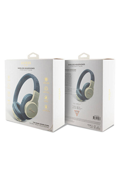 Guess Lisanslı Bluetooth Kulaklık Script Gold Serisi Metal Yazı Logolu 4G Desenli Mavi