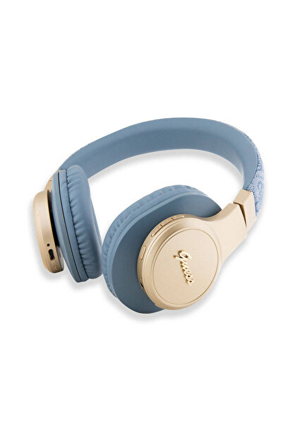 Guess Lisanslı Bluetooth Kulaklık Script Gold Serisi Metal Yazı Logolu 4G Desenli Mavi
