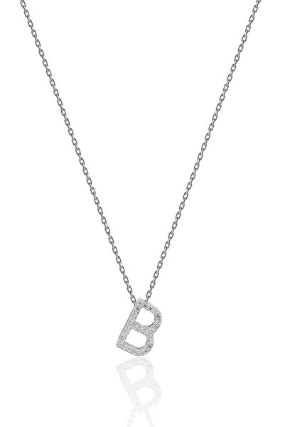 Ziu 925 Ayar Üç Boyutlu Zirkon Taşlı B Harfli Kadın Kolye Uzunluk 45 Cm