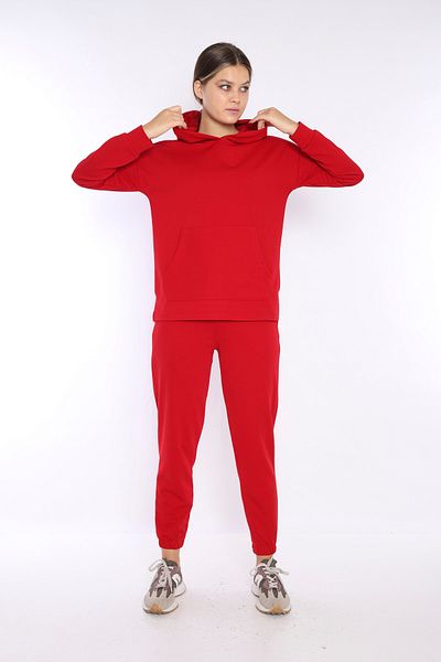 NEED LİFE Women's Red Hooded Kangaroo Pocket Sweat Tracksuit Set
