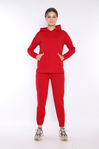 NEED LİFE Women's Red Hooded Kangaroo Pocket Sweat Tracksuit Set