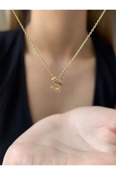 Ziu 925 Ayar Zirkon Taşlı Gold Minimal S Hafli Kolye Uzunluk 42 Cm