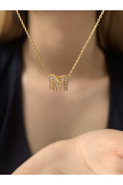 Ziu 925 Ayar Zirkon Taşlı Gold Minimal M Hafli Kolye Uzunluk 42 Cm