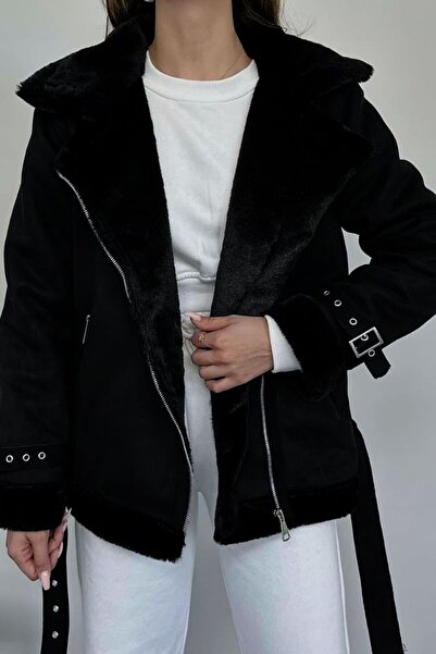 DENİZ BASIC أسود - معطف لراكبي الدراجات النارية من الجلد السويدي مع فرو ناعم ...