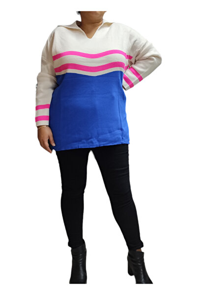 Styleistanbul Pulover de damă standard oversize cu dungi colorate, cu guler de cămașă