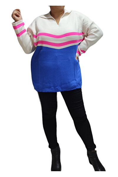 Styleistanbul Pulover de damă standard oversize cu dungi colorate, cu guler de cămașă