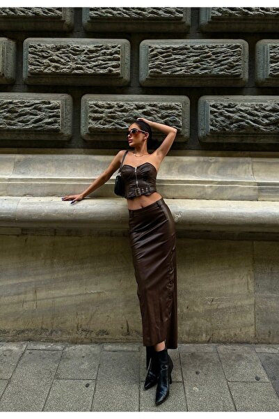 Rabury Butik Fustă cu design din piele maro amar