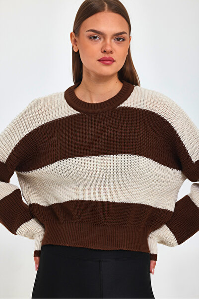 ASEDE Yumoş Akril Tkanina Duga Prugasto Pleteno Džemper Smeđi