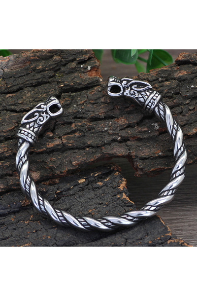 Viking Scandinavian Fenrir & Wolf Head Open Adjustable Stainless & Tarnish Resistant 316L Steel Bracelet