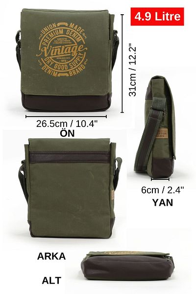 Old Cotton 7112 Khaki Green Waterproof Waxed Canvas Cross Strap Postman Shoulder School Bag