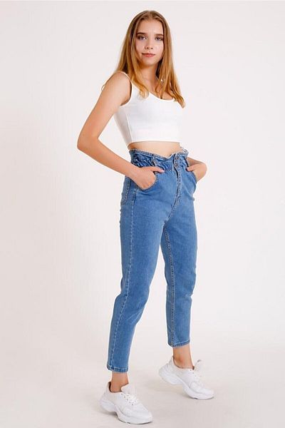 MAKRAS EXCLUSIVE Pantaloni de damă din denim cu talie înaltă, cu talie albastră și elastică