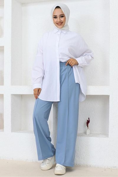 benguen 3042-1 Pantaloni casual cu tăietură relaxată cu talie elastică Albastru