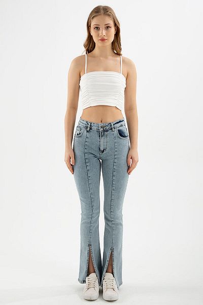 MAKRAS EXCLUSIVE Blugi albaștri cu talie înaltă Lycra cu picior evazat cu fantă în față Pantaloni de damă din denim