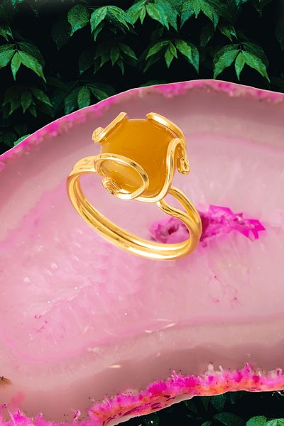 Tesbih Atölyesi Certified Rococo Model Yellow Agate Stone Ring - Adjustable