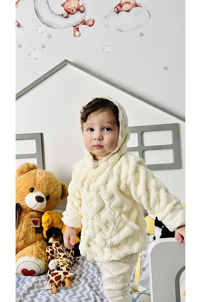 TD Collection Teddy Plush Baby/Kids Jacket Hooded Pocket, Lined Ecru New Year's, New Year's Gift Package
