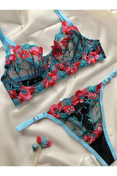 ARONA ADEL PINK-BLUE FLORAL EMBROIDERED BRODE BRA SET