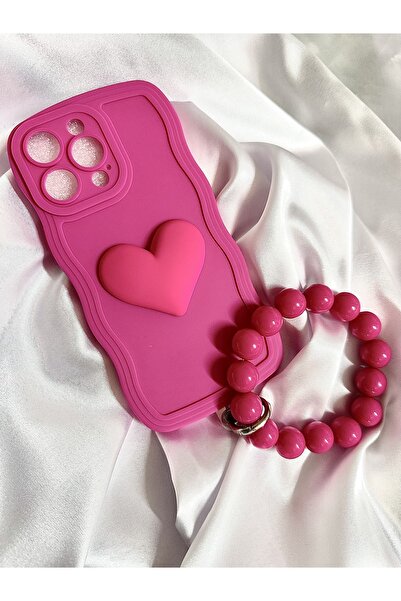 MİRAZ TASARIM حافظة آيفون 14 بروماكس فوشيا مع سوار وقلب ثلاثي الأبعاد